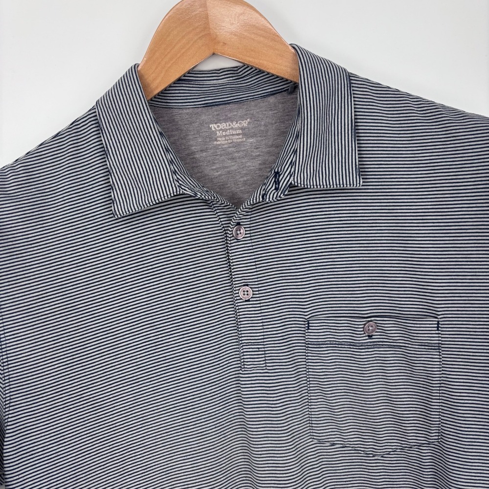 Toad&Co Performance Polo Mens M Blue White Striped Organic Cotton Marko‎ SS